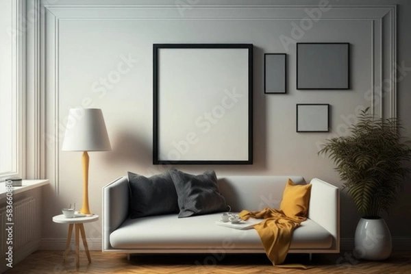 Obraz mockup. Picture frame in the interior and three small frames. AI generative.