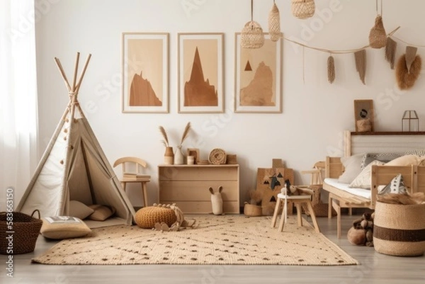 Fototapeta Boho kids' rooms include wooden frames and paintings. Generative AI