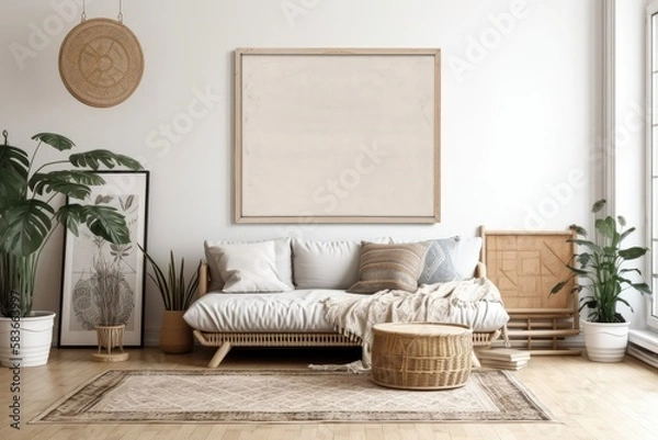 Fototapeta Bohemian living room with mock up poster frame,. Generative AI
