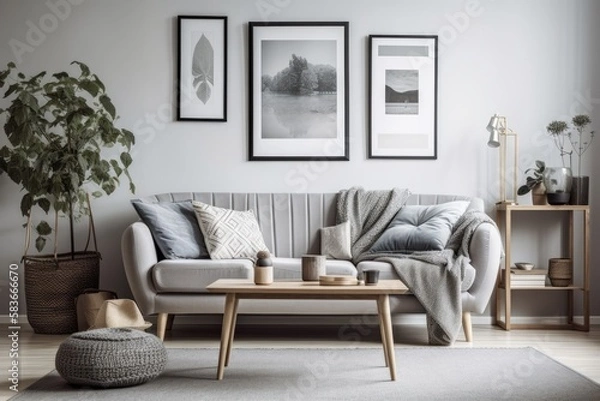 Fototapeta Poster over grey couch with cushions in white living room with lamp and table. Real picture. Generative AI
