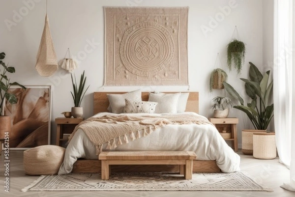 Obraz Coastal bohemian bedroom wall mockup,. Generative AI