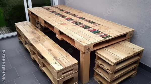 Fototapeta benches and a table made of euro pallets, Outdoor furniture, generative ai