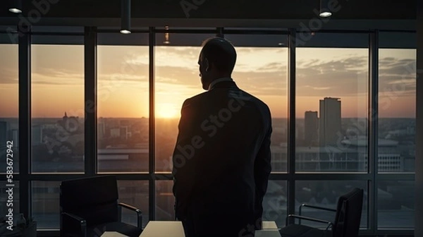 Fototapeta Portrait of male CEO in big corner office, looking out of window, at sunset . back view, generative ai