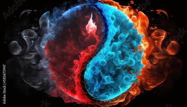 Fototapeta  Yin-yang or Tai Chi symbol made of red and blue fire on black background created with generative AI technology
