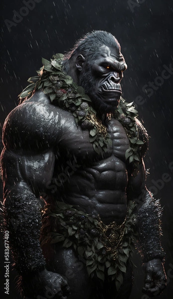 Obraz Brutal portrait of a muscular man gorilla, monkey, kin kong with a formidable look in the rain. Created using generative AI.