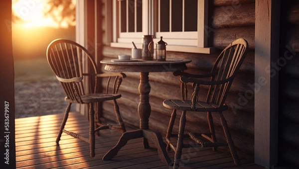 Fototapeta porch with two wooden chairs and a round wooden table, Generative AI
