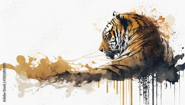 Fototapeta Sleeping Tiger in Natural Habitat, isolated on white background - watercolor style illustration background by Generative Ai