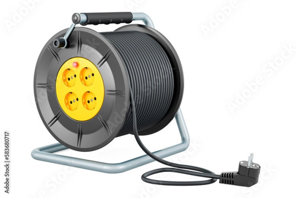 Fototapeta Industrial cable reel, 4 sockets, ergonomic handle. 3D rendering