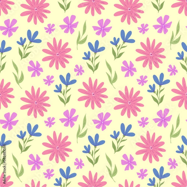Fototapeta Vector seamless pattern design with cute flowers and leaves. Spring and summer seamless wallpaper