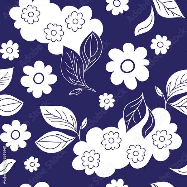 Fototapeta In a seamless pattern, dreamy white and blue flowers, leaves and clouds intertwine. Perfect for a serene and whimsical design.