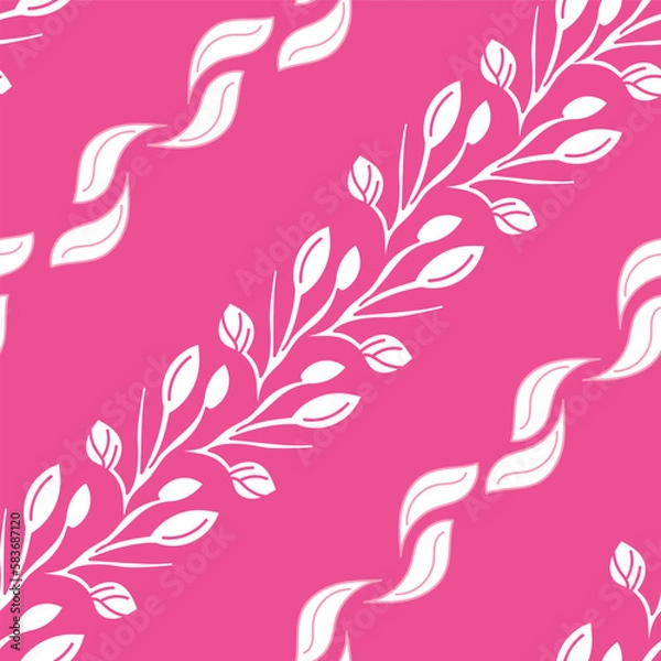 Fototapeta Diagonal white leaves, branches, and buds on a pink background create a seamless pattern that's both delicate and playful.