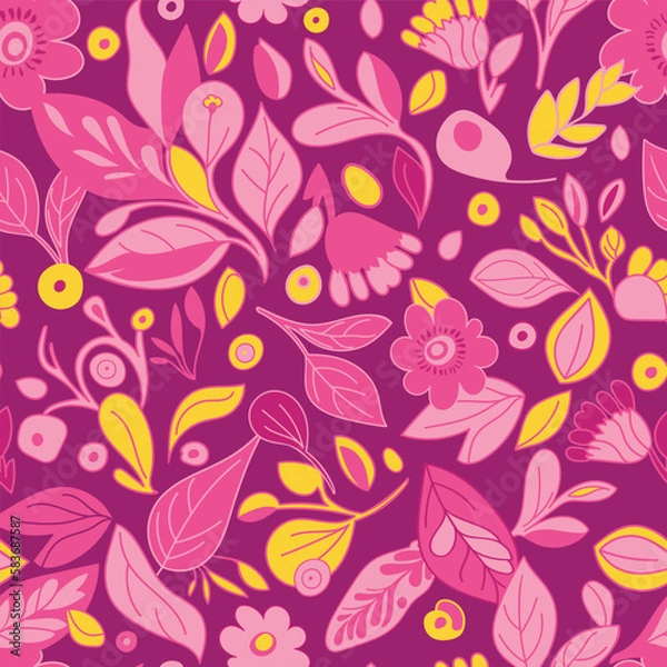 Fototapeta Pink and yellow flowers with leaves on a dark pink background create a vibrant and bold seamless pattern, perfect for bold design projects.