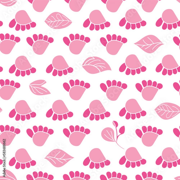 Fototapeta Stylistic pink flowers and leaves in rows on a white background make for a seamless pattern that is both refined and simple.