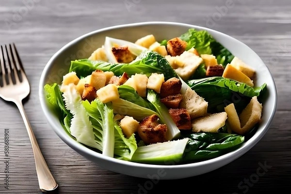 Fototapeta Caesar Salad on a rustic background. AI generated