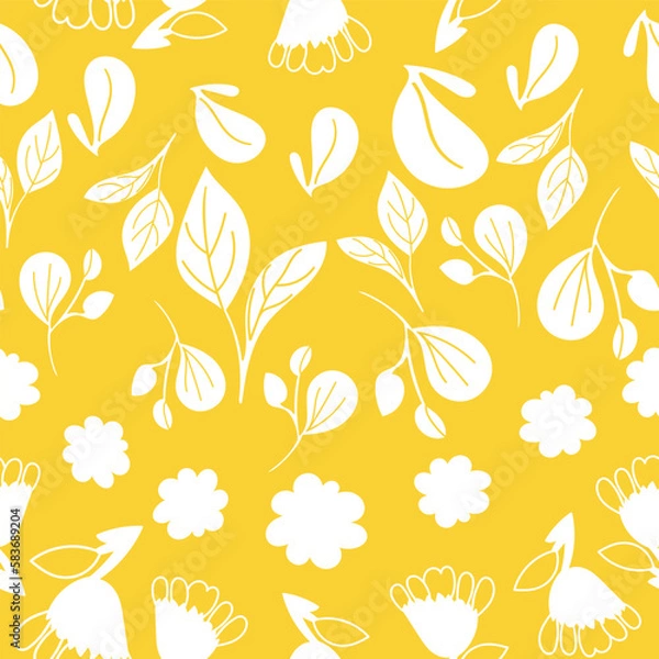 Fototapeta White leaves and flowers pop against a bright yellow background in this seamless pattern.