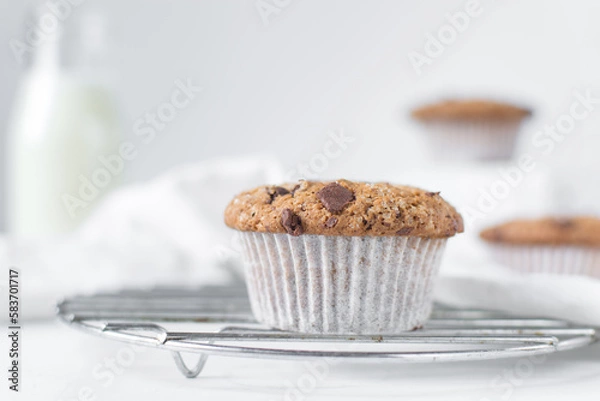 Fototapeta Homemade chocolate chip muffins with selective focus, bakery style chocolate chip muffins with white liners