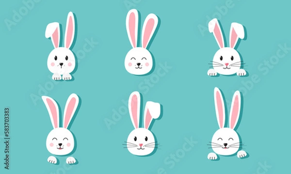 Fototapeta Easter bunny vector icon, paper rabbit set, cute animal head, cartoon character on blue background. Funny illustration