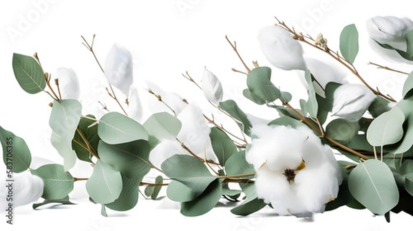 Fototapeta Flor branca de algodão com folhas e botões verdes., Generative Ai