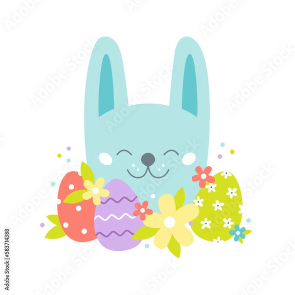 Fototapeta Easter bunny with decorated eggs and flowers. Holiday card design. Colorful flat vector illustration.