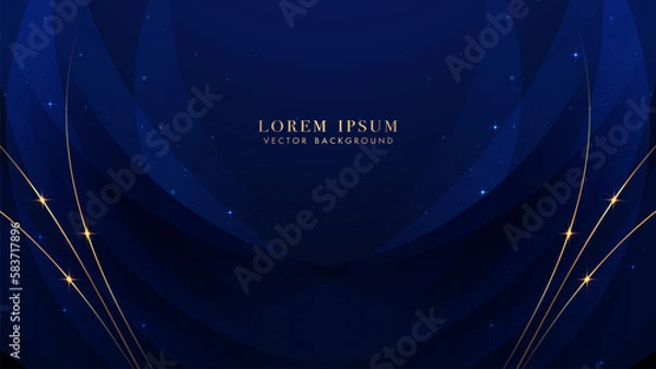 Obraz Blue luxury background with golden line, blue curve, shiny dots and glitter light effect. Elegant style vector design