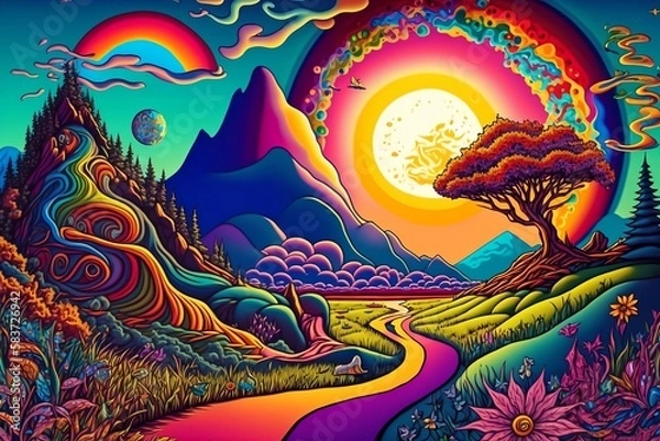 Fototapeta Bunter farbenfroher Hippie 60er 70er Jahre 3d Desktop Hintergrund
