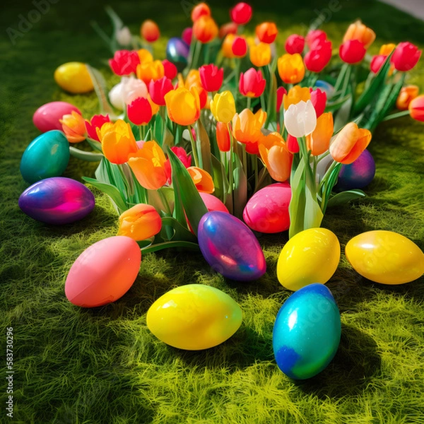 Obraz easter eggs & spring flowers