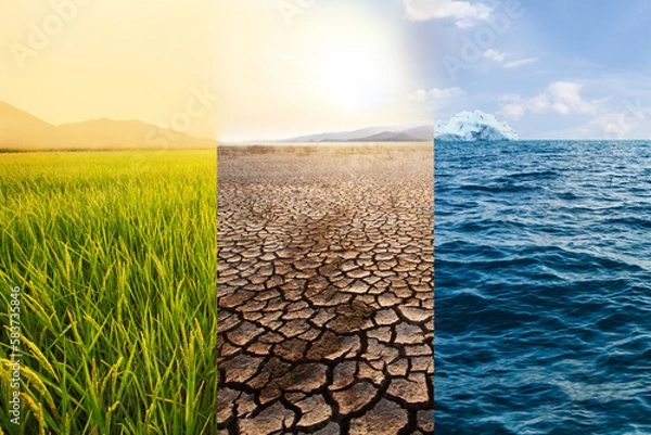 Obraz Agriculture fields and Dry lake and Ocean at north pole metaphor temperature increase and Climate change.