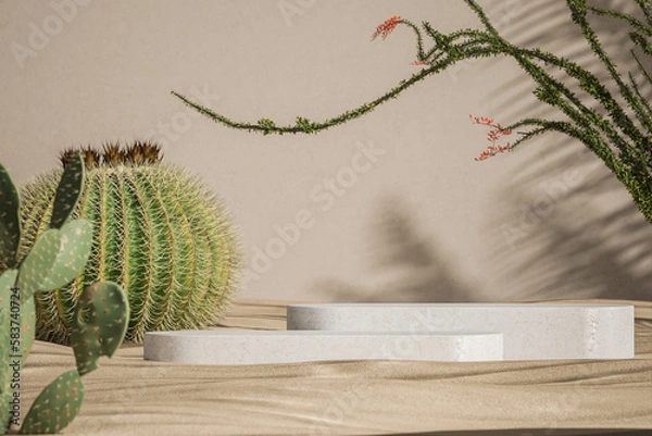 Fototapeta White concrete pallets in the middle of the desert scene, blurred cactus in the foreground. product presentation mockup. 3D rendering