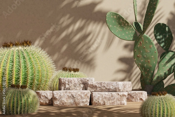 Fototapeta Beige stone pallets in the middle of the desert scene, blurred cactus in the foreground. product presentation mockup. 3D rendering