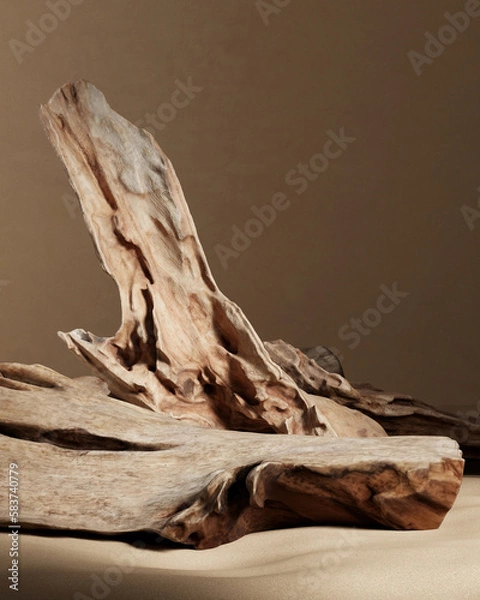 Fototapeta Abstract mockup scene broken wood for product placing. Clipping path of each element included. 3D rendering illustration.