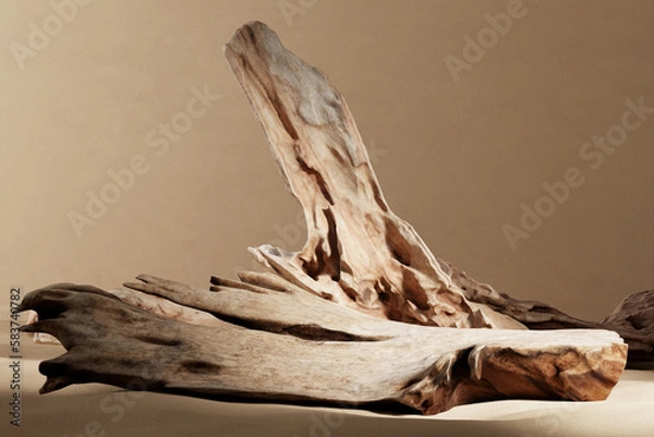 Fototapeta Abstract mockup scene broken wood for product placing. Clipping path of each element included. 3D rendering illustration.
