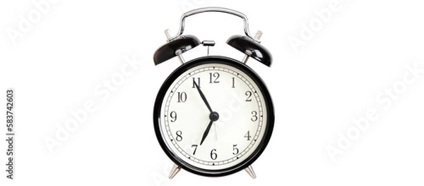 Fototapeta Alarm clocks - black bell alarm clock Isolated on white background in transparent PNG cutout.