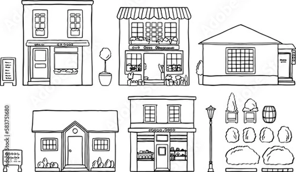Obraz 手描き線画の店のセット　 ベクター素材