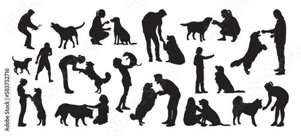 Obraz People playing with dog various activities collection set vector silhouette.