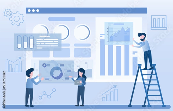 Obraz Businessman working on online dashboard project. Analyze and share information with partners. Online dashboard analyzes data and trends. Flat vector illustration.