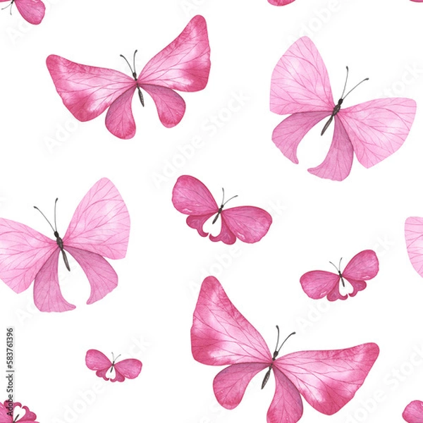 Fototapeta Seamless pattern pink butterfly with detailed wings isolated on white background. Watercolor hand drawn for design