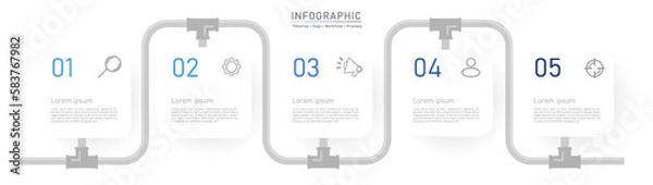 Fototapeta Five pipe line business option infographic template. Minimal step workflow number icon element presentations. Timeline diagram object vector.