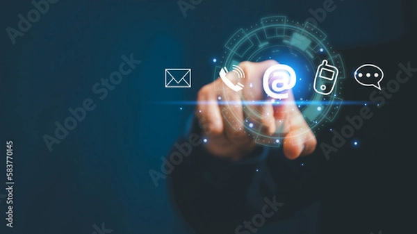 Fototapeta Businesswoman touching on virtual screen contact icons ( email, address, live chat, internet wifi ). Contact us or Customer support hotline people connect.