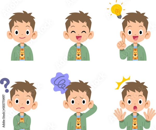 Fototapeta 様々な表情をする男の子の上半身のイラストセット
