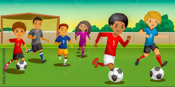 Fototapeta A group of mixed races children playing soccer - Generative AI