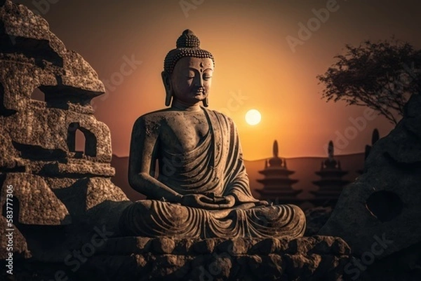 Fototapeta Buddha statue on Sunset background, Buddha purnima Vesak day. Generative ai