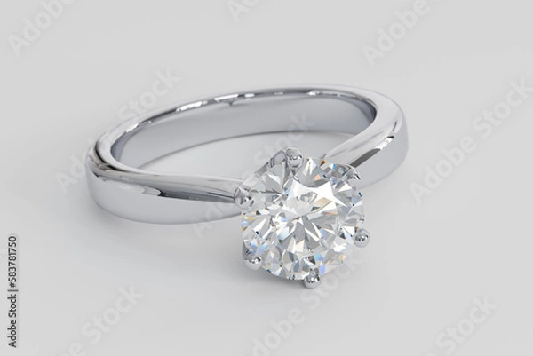 Obraz Diamond solitaire engagement ring with a round brilliant cut stone on white background. 3d rendering