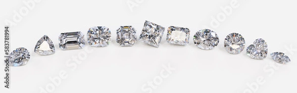 Obraz Eleven loose diamonds of the most popular cut styles lined up on white background. 3d illustration