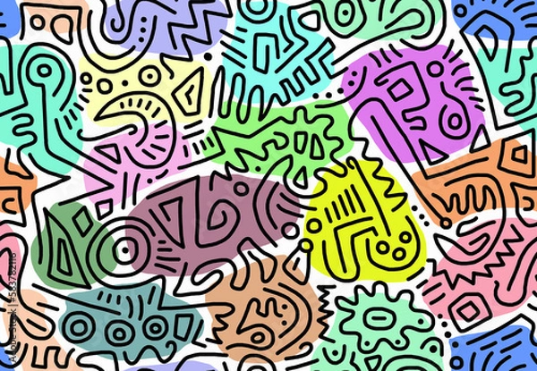 Fototapeta Abstract drawing of black lines on a white background painted with multicolored paints.Seamless background.	
