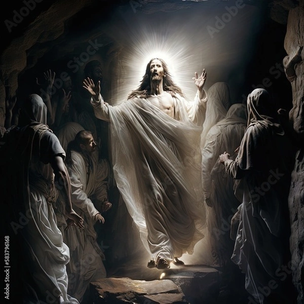 Fototapeta Illustration revelation of Jesus Christ, new testament, religion of christianity, heaven and hell over the crowd of people, Jerusalem of the bible. Generative AI