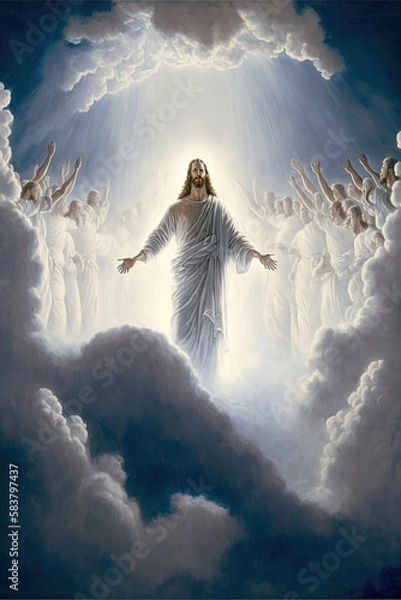 Fototapeta Illustration revelation of Jesus Christ, new testament, religion of christianity, heaven and hell over the crowd of people, Jerusalem of the bible. Generative AI