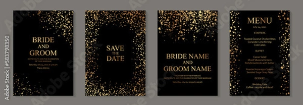 Fototapeta Set of black background templates with golden glitter or paint splashes.