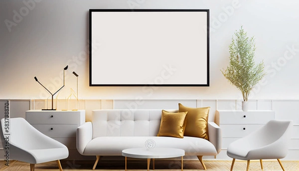 Obraz Modern Interior Design 3D Render of Luxurious Apartment Background with Contemporary Mockup Poster Frame on Living Room Wall - 3D Illustration (3)