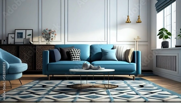 Obraz Stylish Living Room Interior Design with Blue Sofa and Wooden Coffee Table  Home Decor with Rug