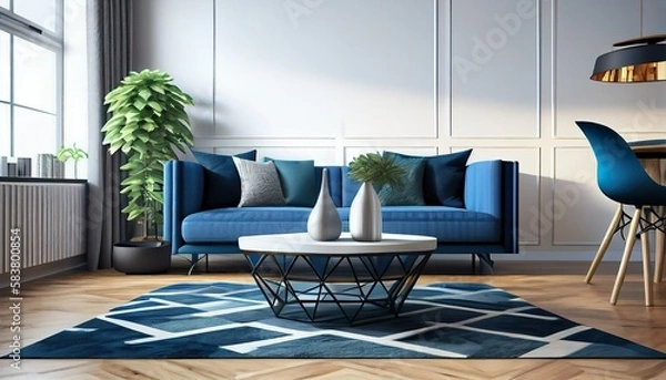 Obraz Stylish Living Room Interior Design with Blue Sofa and Wooden Coffee Table | Home Decor with Rug